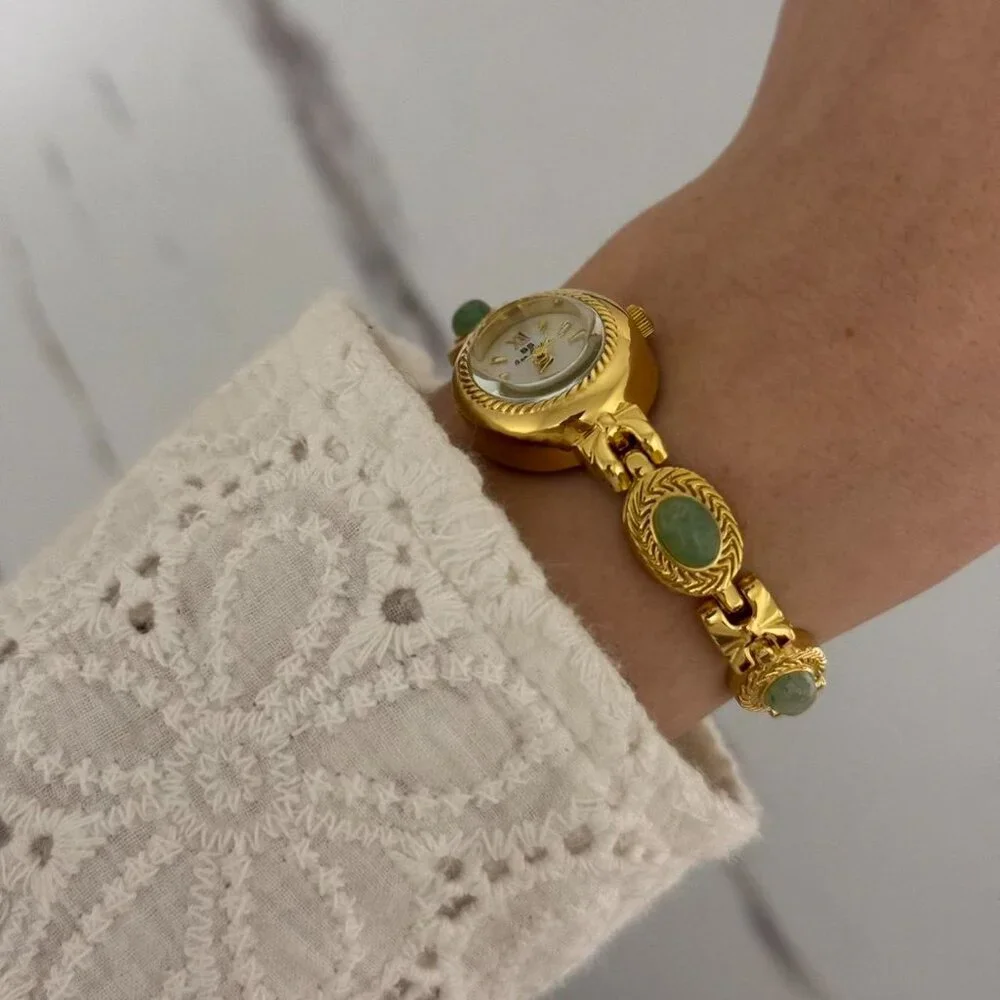 SKU:0018 gold mini watch bracelet with green natural stone inserts vintage style